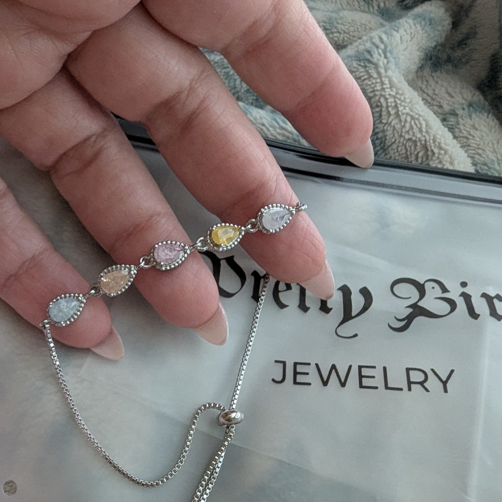 Pretty Bird White Gold Plated Multi-Color Teardrop Bracelet. Candy Stones - Picture 2 of 2